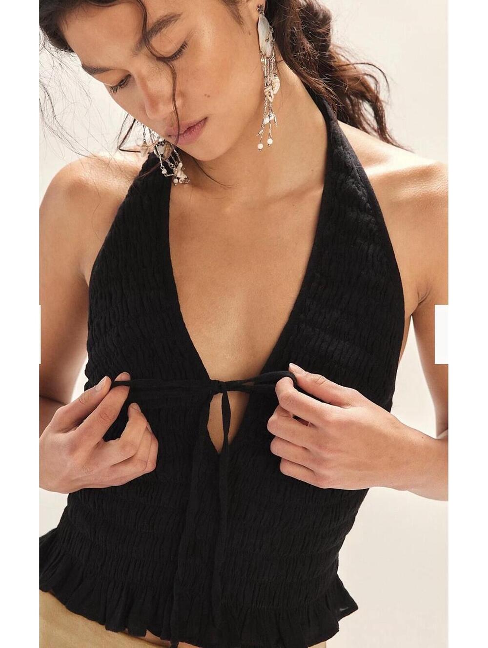 Free People Free-est Khloe Smocked Halter Blouse Top Smocked Ruffle M NEW Black